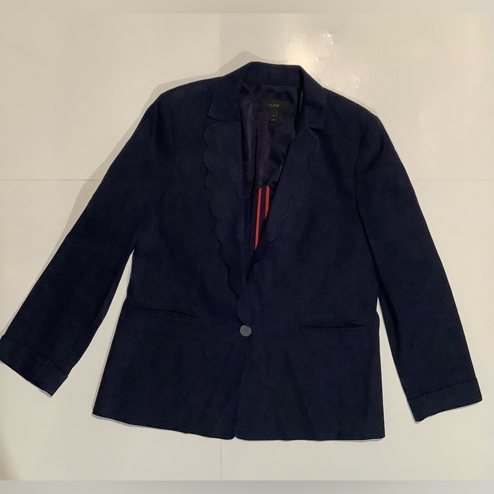 J. Crew Linen Blend Navy Blue Scalloped Lightweight Blazer 6 Academia - Picture 3 of 11